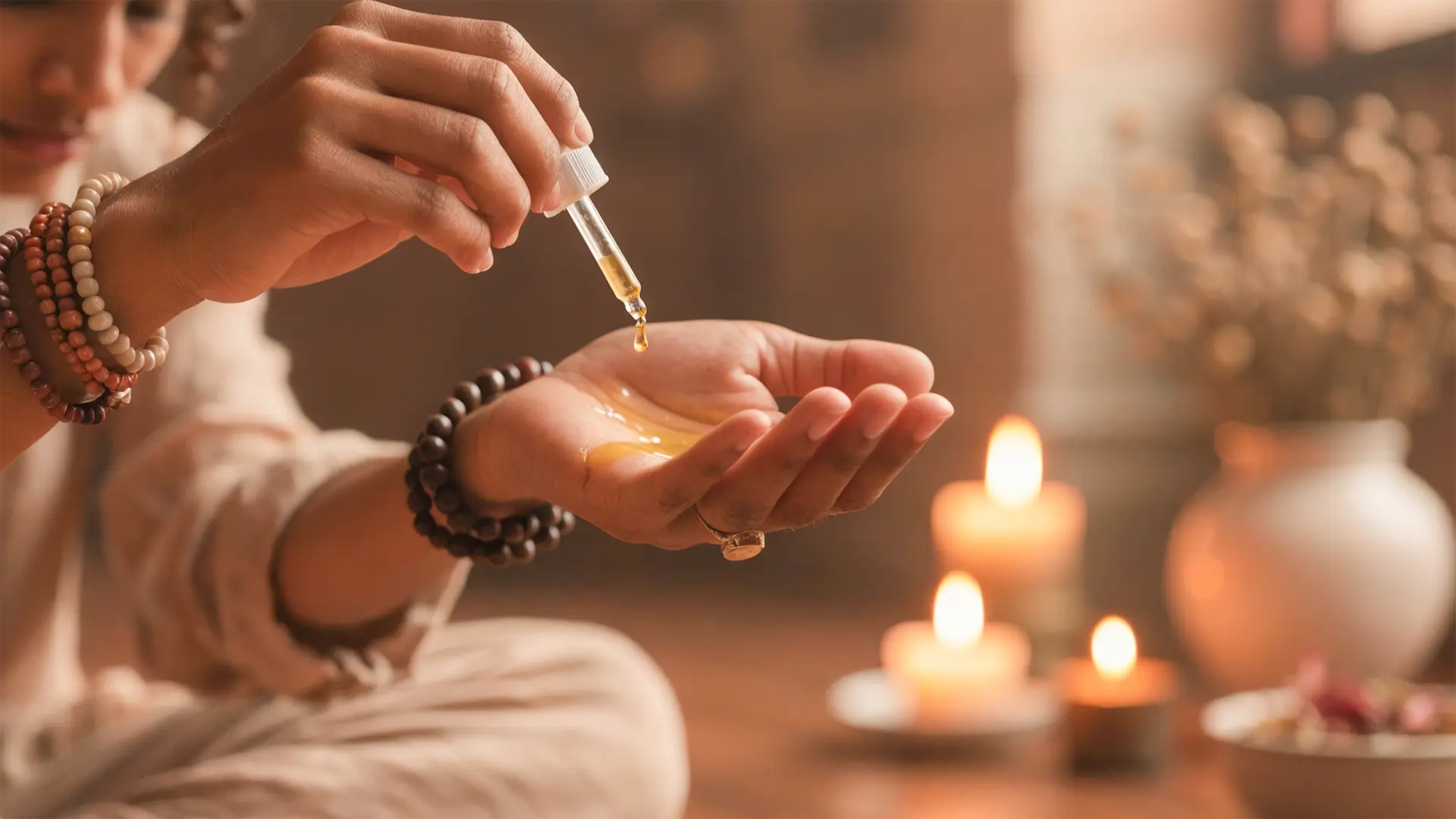Rituale di aromaterapia con oli essenziali naturali, candele e un’atmosfera dedicata al relax e al benessere