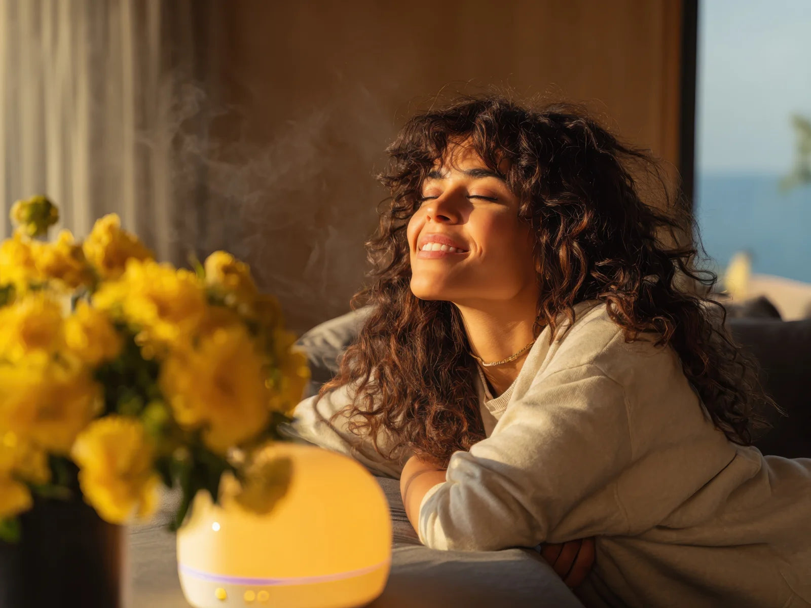 Benessere emotivo con diffusore di oli essenziali in ambiente domestico rilassante