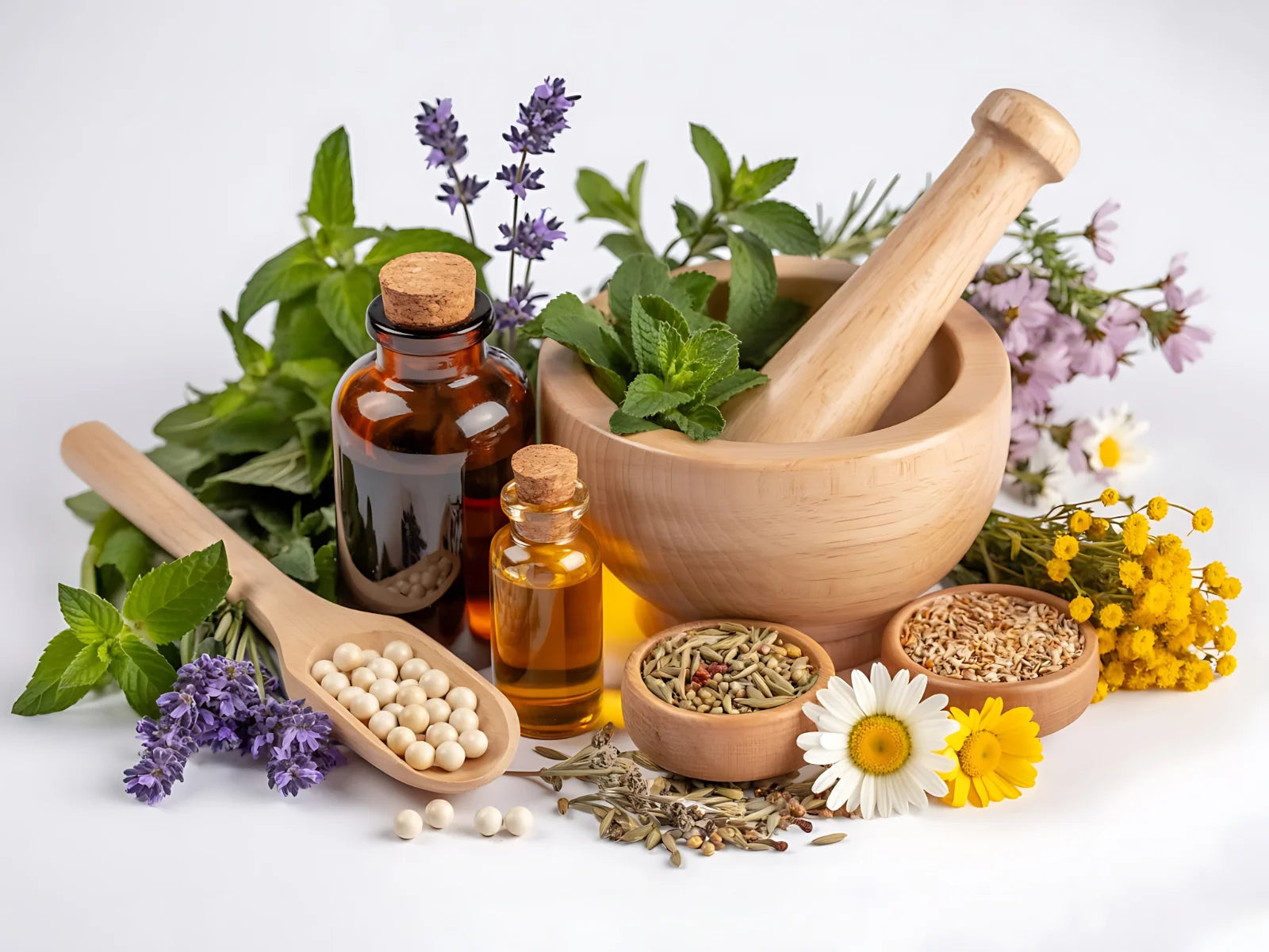Ingredienti naturali per aromaterapia con oli essenziali ed erbe aromatiche