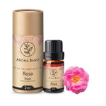 Olio essenziale di Rosa Damascena Aromabano in flacone da 2 ml con confezione cilindrica.