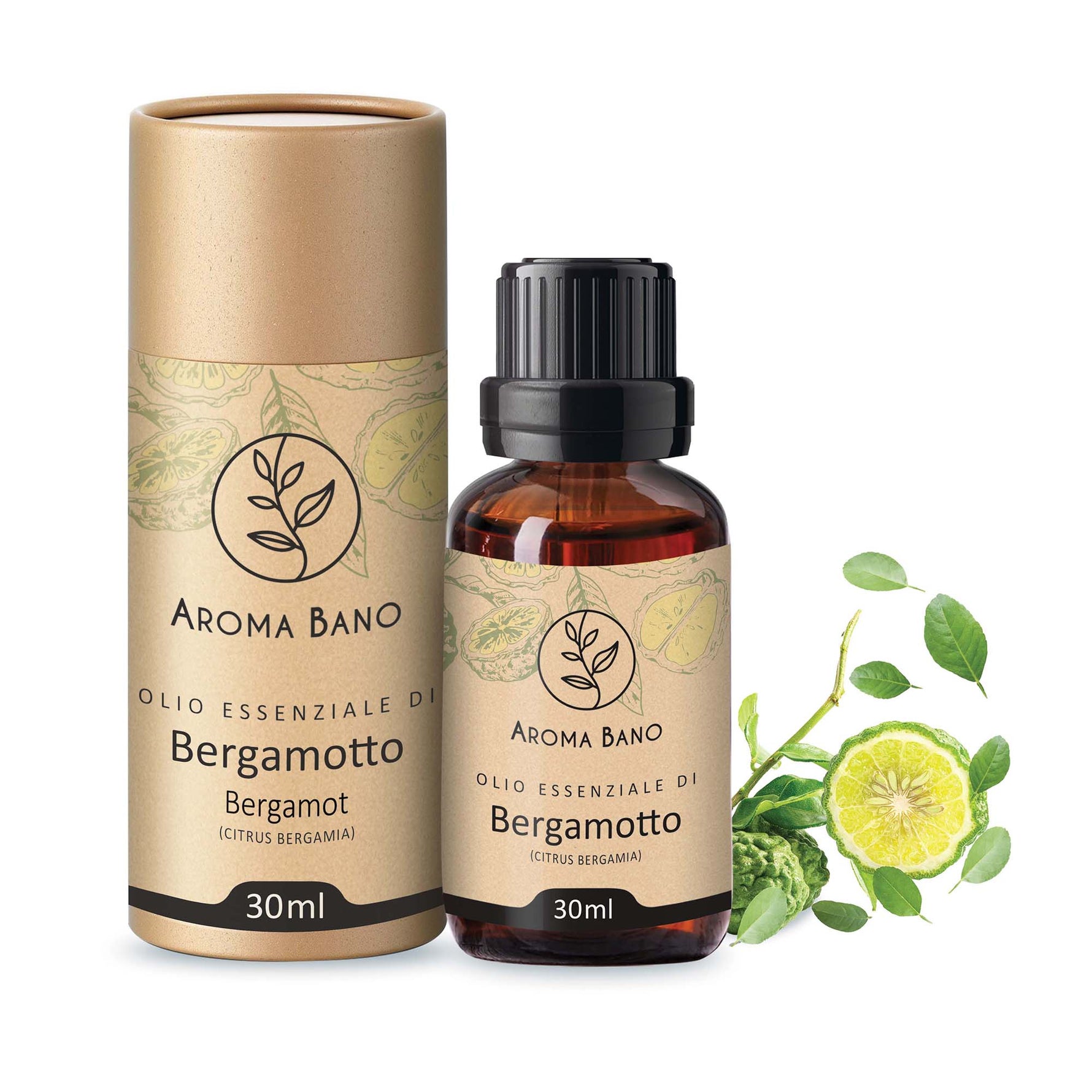 Olio essenziale di bergamotto Aroma Bano 30ml con flacone e frutto di bergamotto