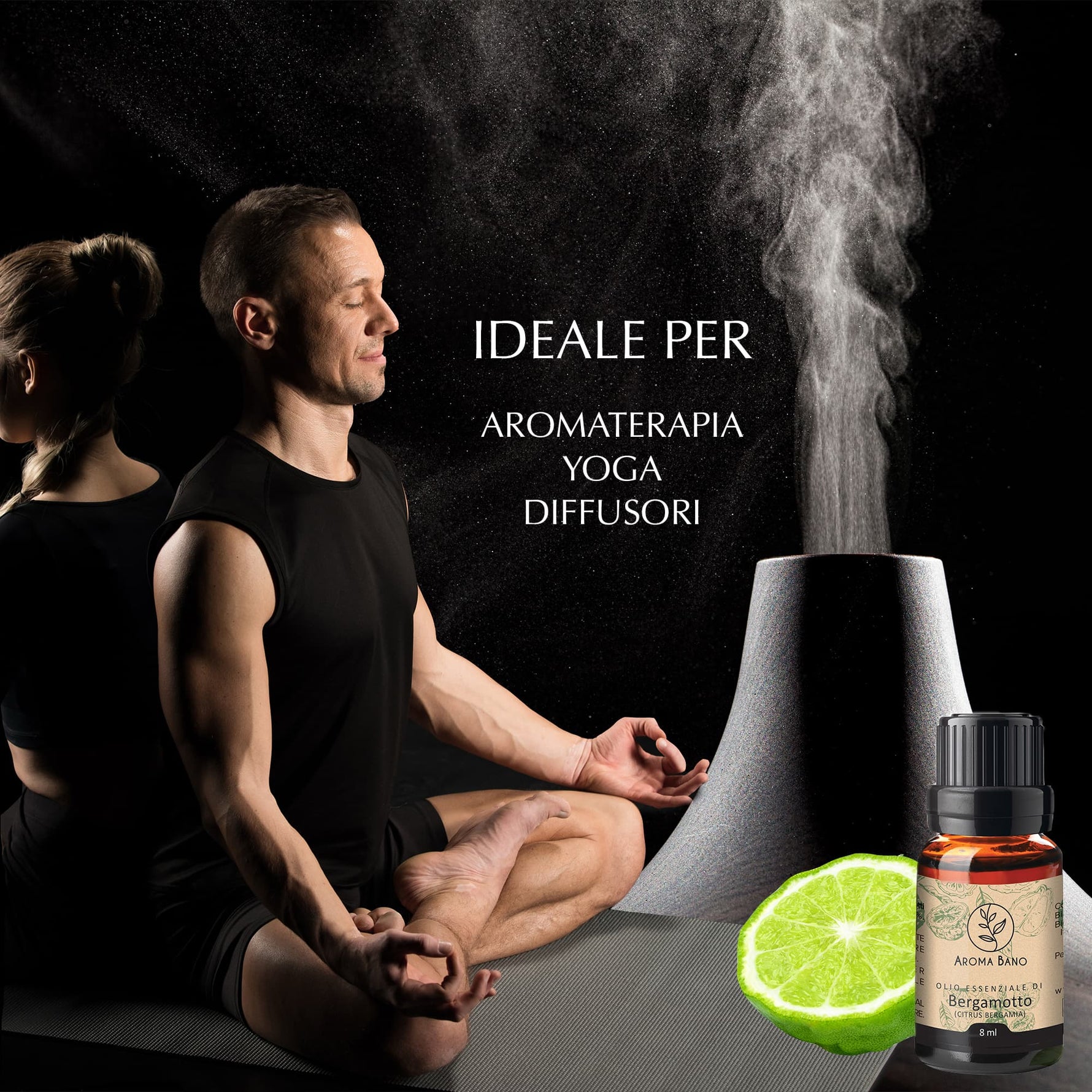 Olio essenziale di bergamotto utilizzato in aromaterapia con diffusore durante pratica yoga