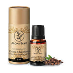 Confezione e bottiglia da 8 ml di olio essenziale di Chiodi di Garofano Aroma Bano con spezia naturale