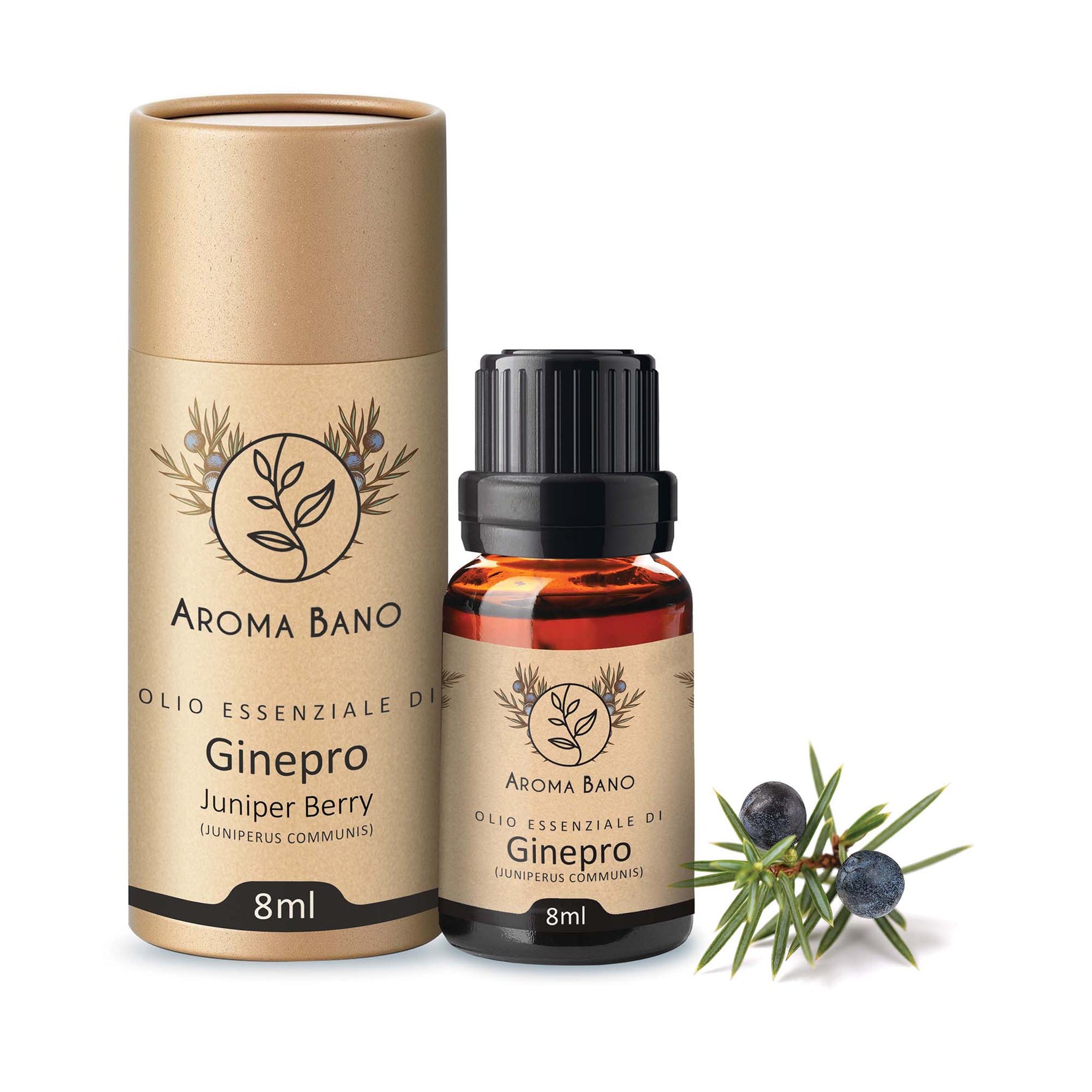 Confezione cilindrica e bottiglia da 8 ml di olio essenziale di Ginepro Aroma Bano con bacche di ginepro