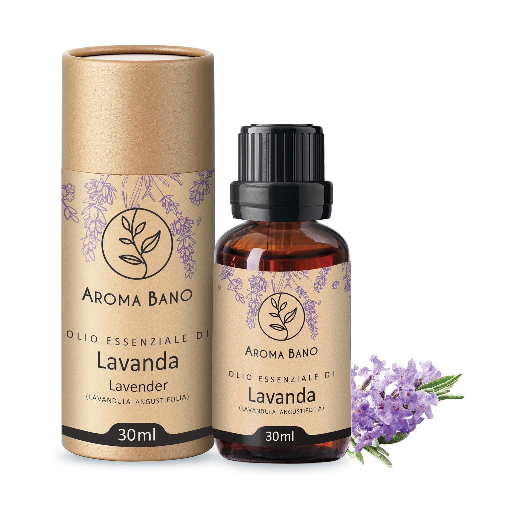 Confezione e bottiglia da 30 ml di olio essenziale di Lavanda Aroma Bano con fiori di lavanda
