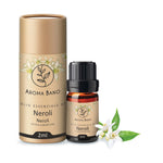 Confezione e bottiglia da 2 ml di olio essenziale di Neroli Aroma Bano con fiori di arancio