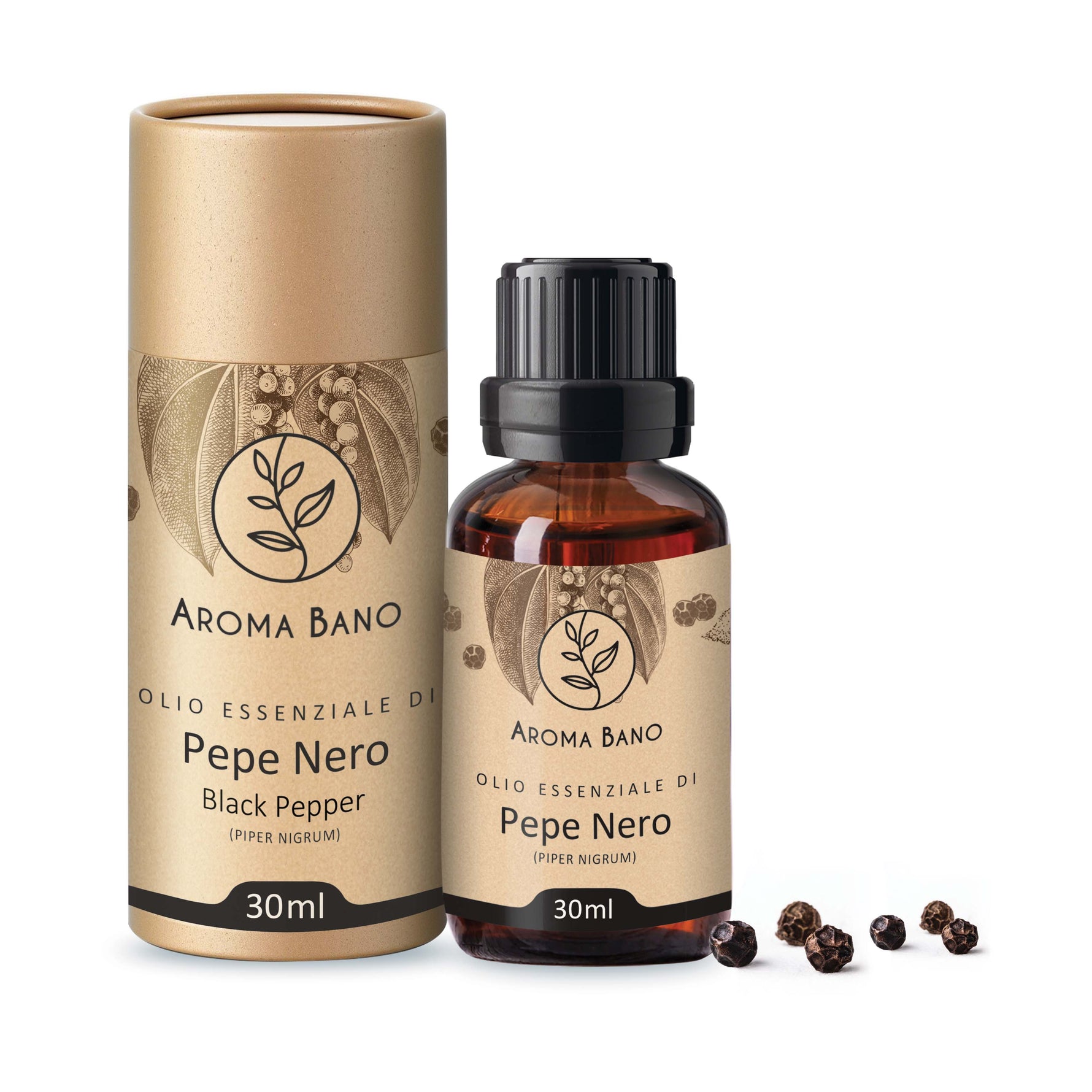 Olio essenziale di pepe nero Aroma Bano 30ml con flacone e grani di pepe nero