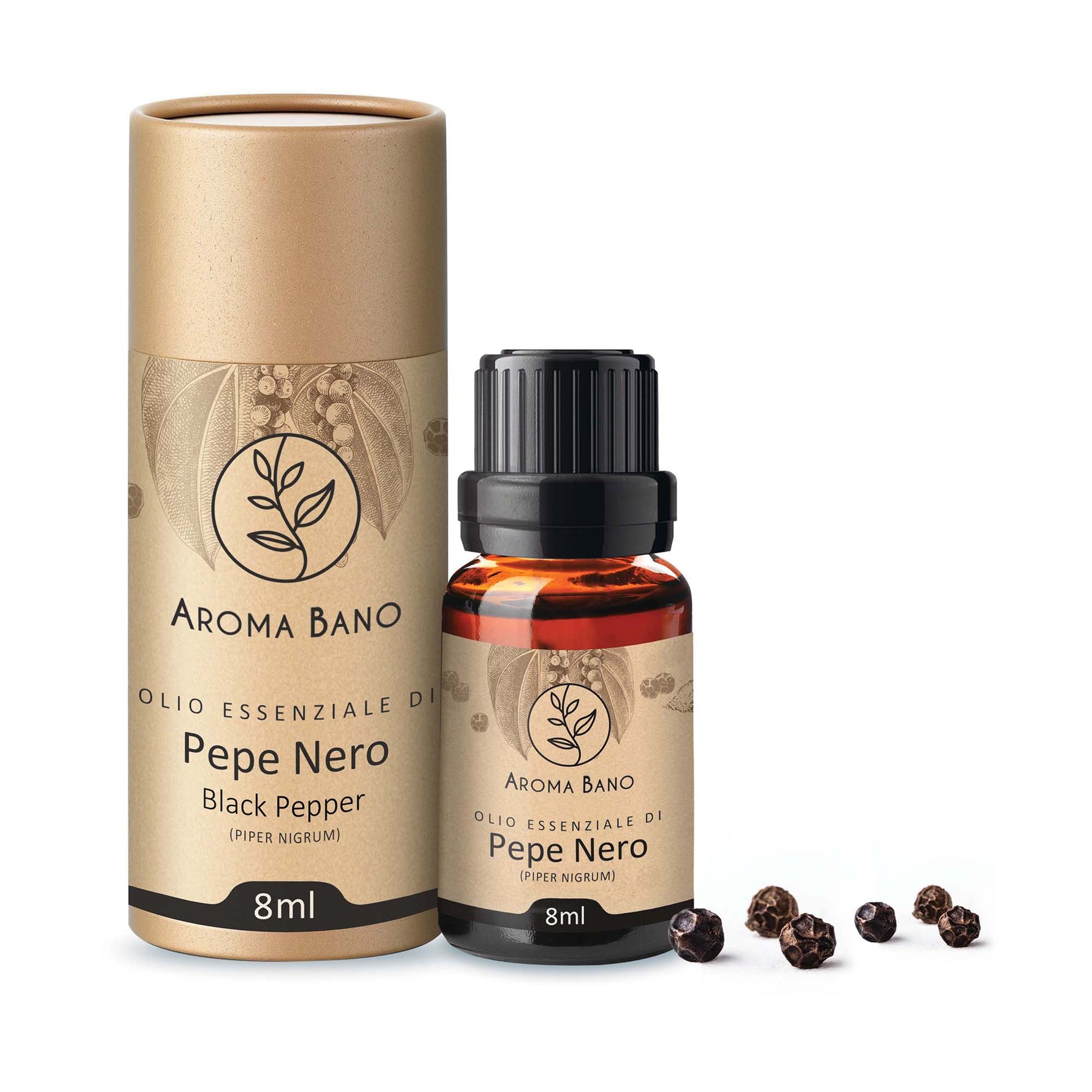 Olio essenziale di pepe nero Aroma Bano 8ml con flacone e grani di pepe nero
