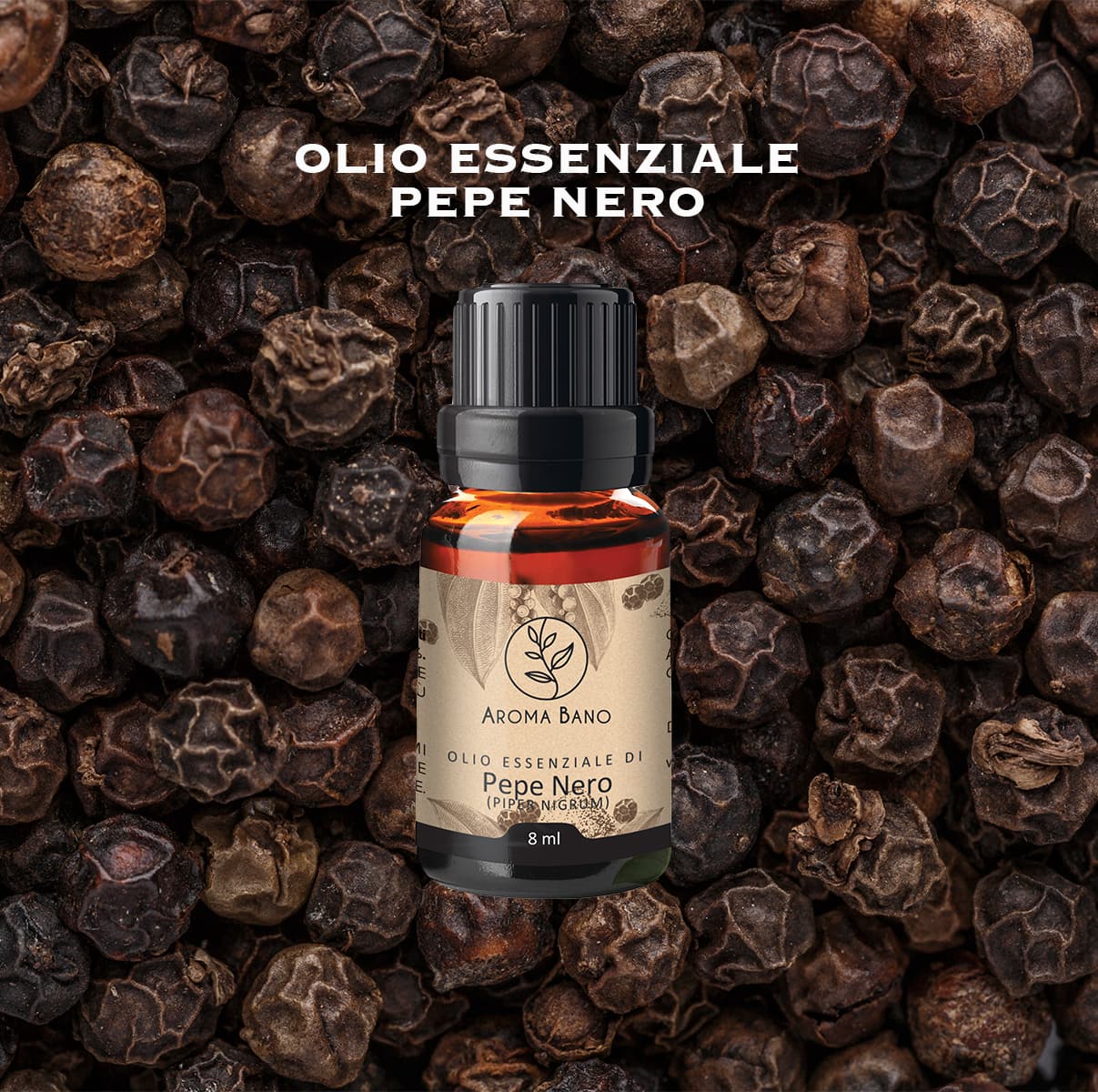 Olio essenziale di pepe nero Aroma Bano con grani di pepe nero
