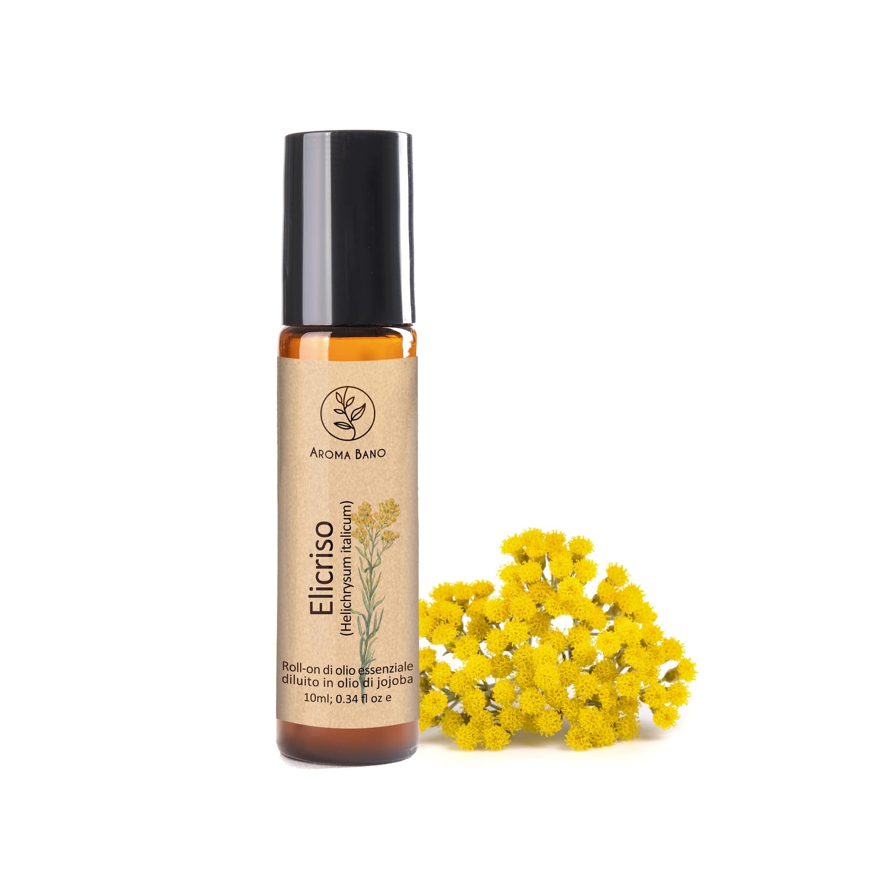 Bottiglia roll-on all’elicriso Aromabano da 10 ml con fiori di elicriso freschi