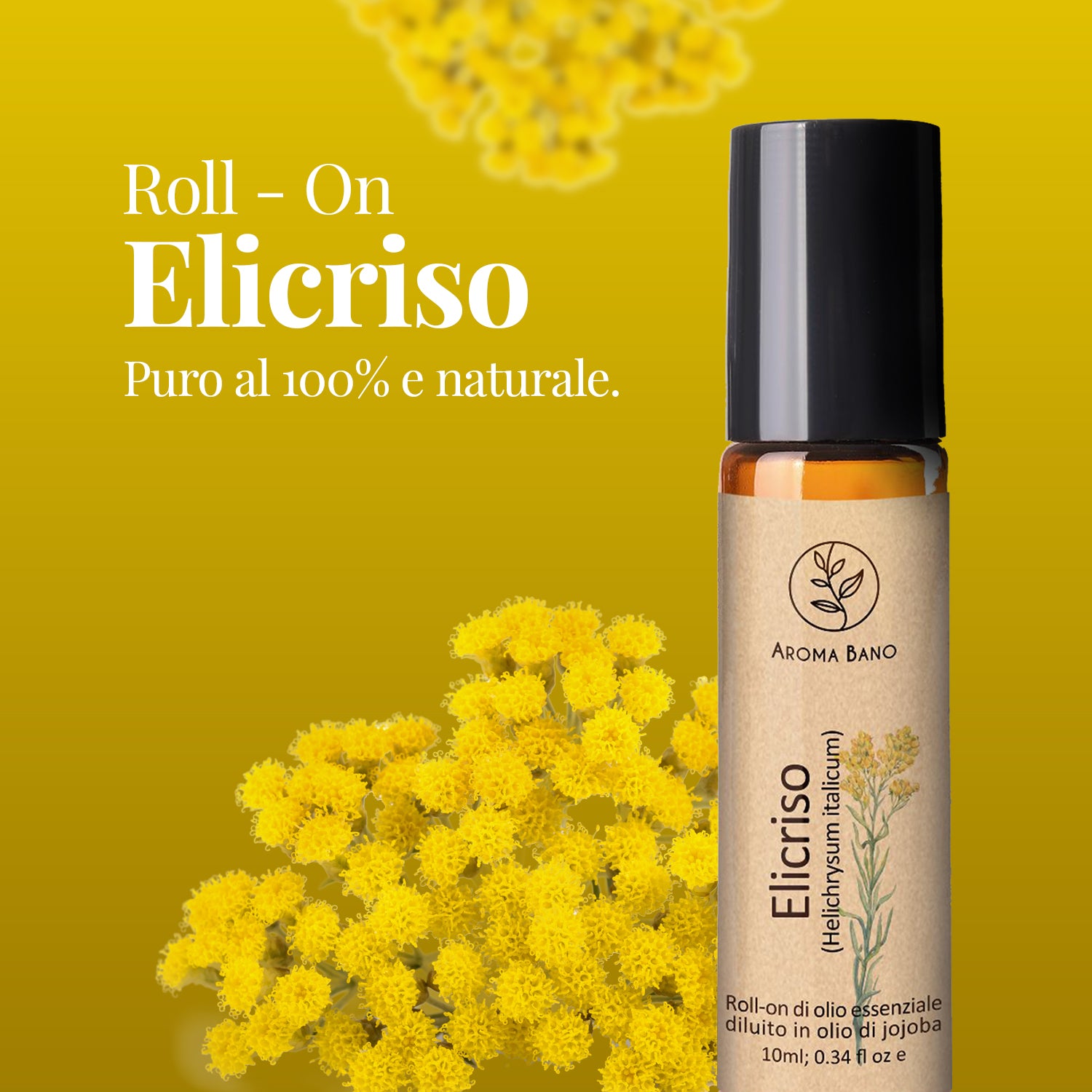 Roll-on all’elicriso Aromabano con fiori gialli su sfondo naturale per benessere e cura della pelle
